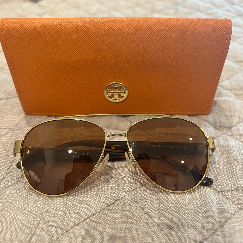 Tory Burch Gold and Brown Aviator Sunglasses with Tory Burch Case